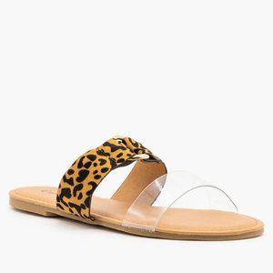 Qupid Women Spring Two-Toned Animal Print Slip-On Sandals- Clear Leopard-